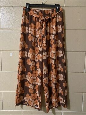 Wide Leg Floral Pull-On Pants in Brown and Tan